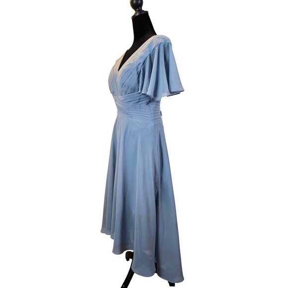 Lavetir Womens Dusty Blue Pleated V-Neck Chiffon Midi Dress Size 4 Lace-Up Back - Picture 7 of 12